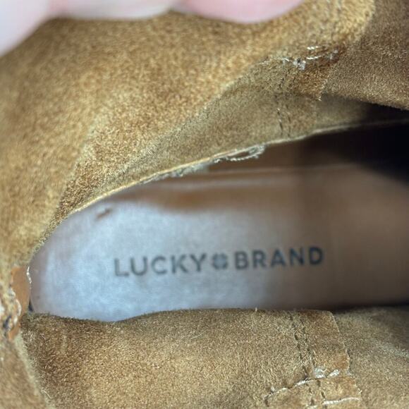Lucky Brand Ankle Bootie Size 9 Camel Tan Suede Leather Pull On Rhetty Boots - Picture 10 of 11